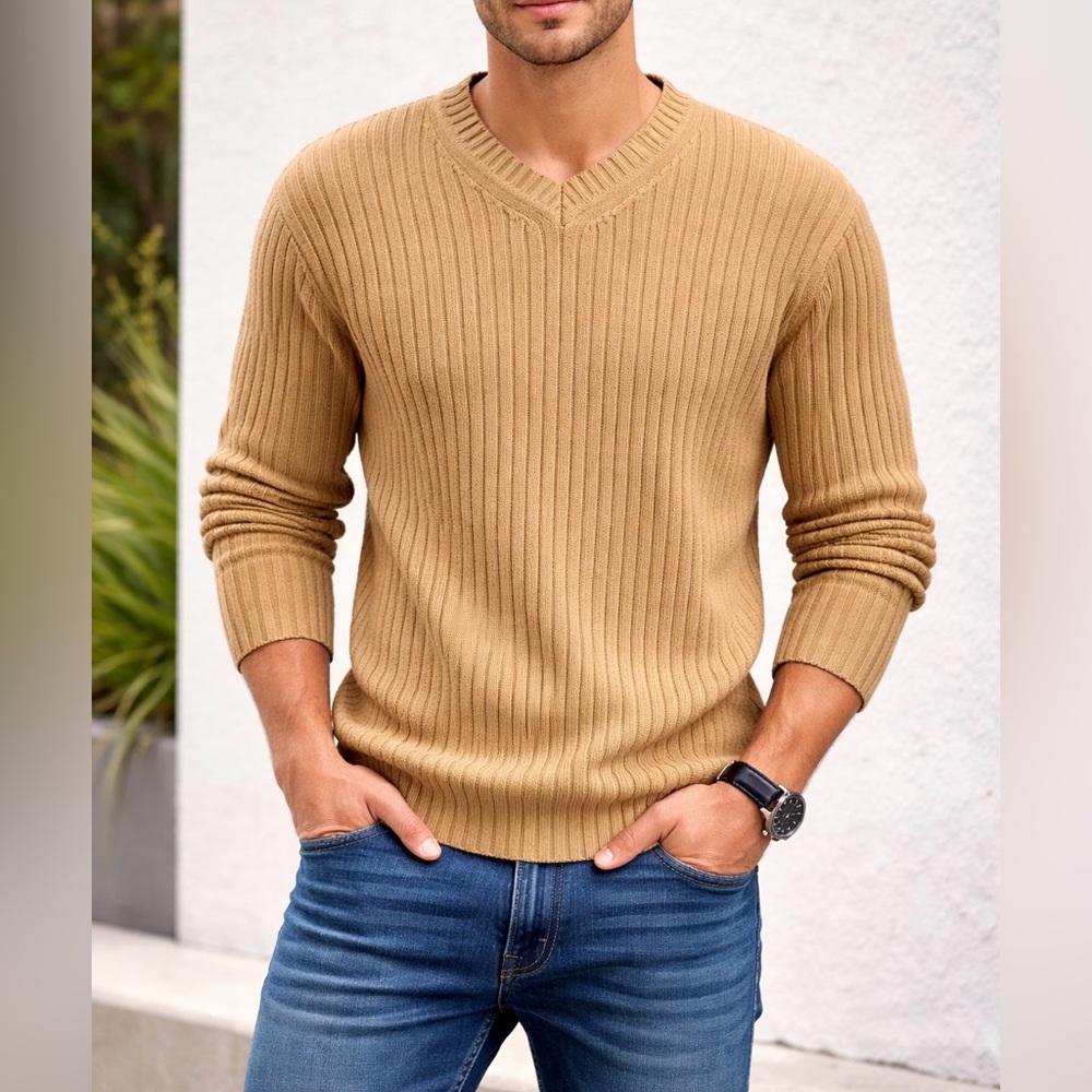 STRUCTURE 100% Cotton Ribbed Beige Long Sleeve Mens Sweater Sz M EUC